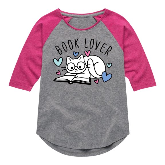 Instant Message - Book Lover Cat - Toddler And Youth Girls Raglan Graphic T-Shirt
