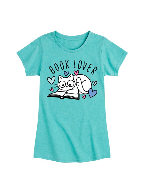 - Book Lover Cat Girls' Fitted Short Sleeve Graphic T-Shirt