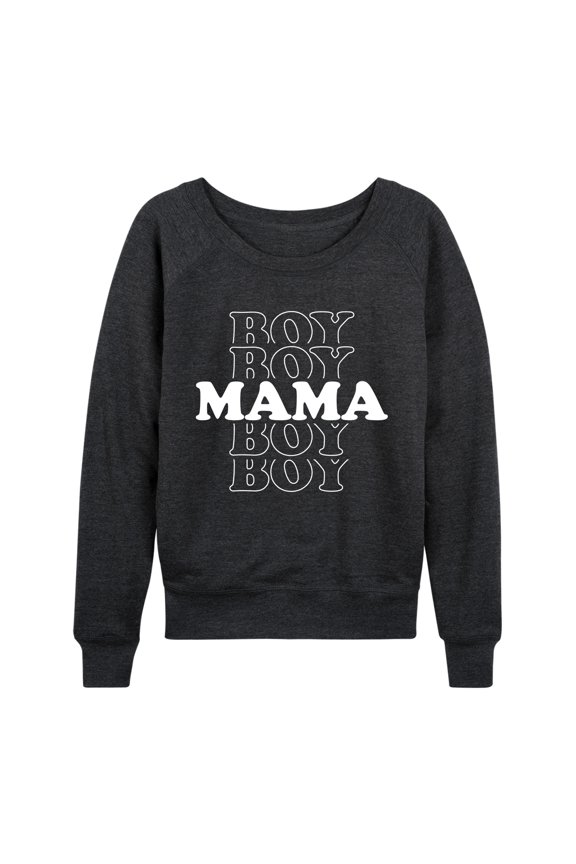 - Boy Mama Stacked Lightweight French Terry Wide Neck Long Sleeve Graphic Shirt