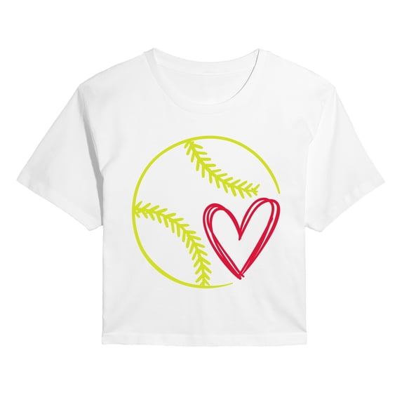 Instant Message - Brushstroke Softball With Heart - Juniors Cropped Graphic T-Shirt