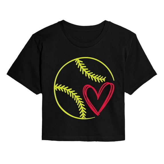Instant Message - Brushstroke Softball With Heart - Juniors Cropped Graphic T-Shirt
