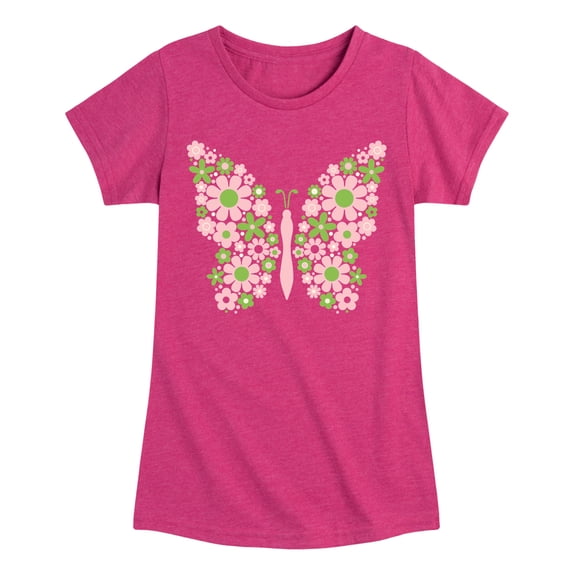Instant Message - Butterfly Floral Pattern Fitted Short Sleeve Graphic T-Shirt