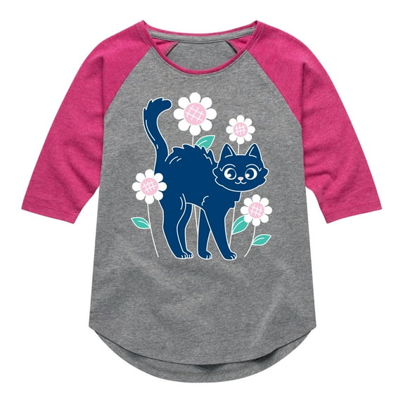Instant Message - Cat And Flowers - Toddler And Youth Girls Raglan Graphic T-Shirt