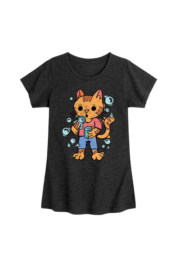 - Cat Blowing Bubbles - Toddler & Youth Girls Short Sleeve Graphic T-Shirt