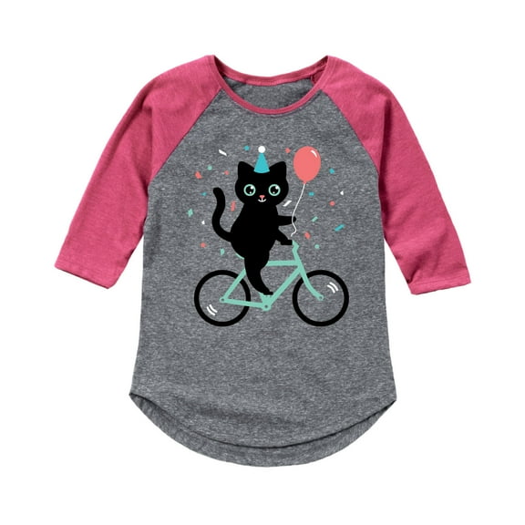 Instant Message - Cat On Bike Party - Youth Girl Shirt Tail Raglan