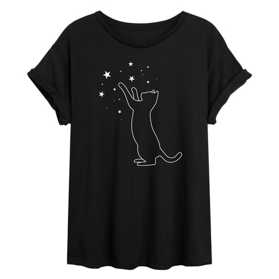 Instant Message - Cat Playing With Stars - Juniors Oversized Graphic T-shirt