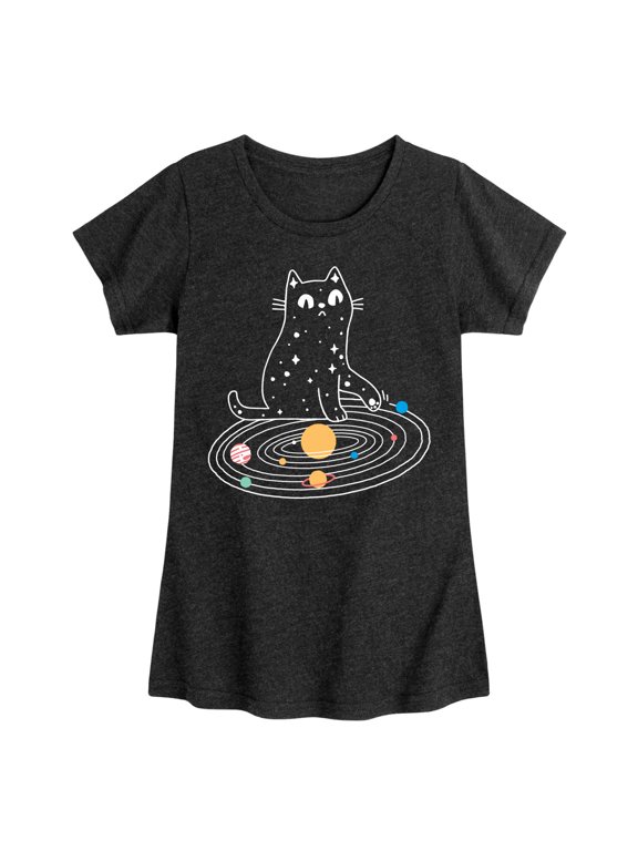 - Cat Solar System Girls' Fitted Short Sleeve Graphic T-Shirt