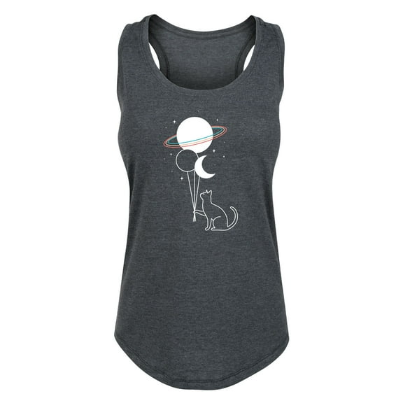 Instant Message - Cat With Planet Balloons - Ladies Racerback Graphic Tank