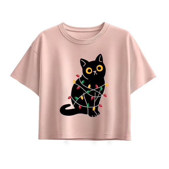 Instant Message - Cat Wrapped In Christmas Lights - Youth Girl Short Sleeve Boxy Tee