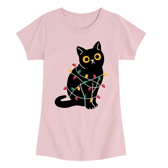Instant Message - Cat Wrapped in Christmas Lights - Youth Girls Short Sleeve T-shirt