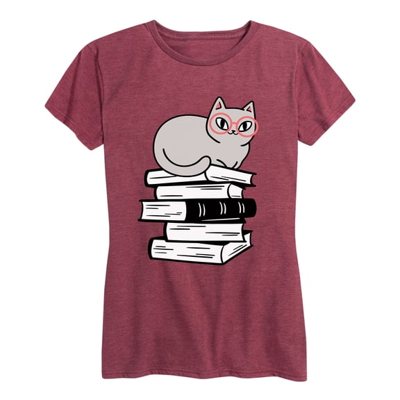 Instant Message - Cat on Books - Women's Short Sleeve Graphic T-shirt