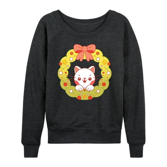 Instant Message - Chibi Cat Christmas Wreath - Women's French Terry Long Sleeve Shirt