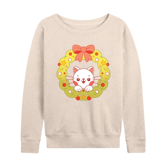 Instant Message - Chibi Cat Christmas Wreath - Women's French Terry Long Sleeve Shirt