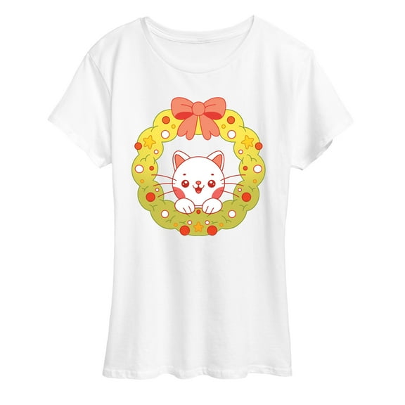 Instant Message - Chibi Cat Christmas Wreath - Women's Short Sleeve Graphic T-shirt