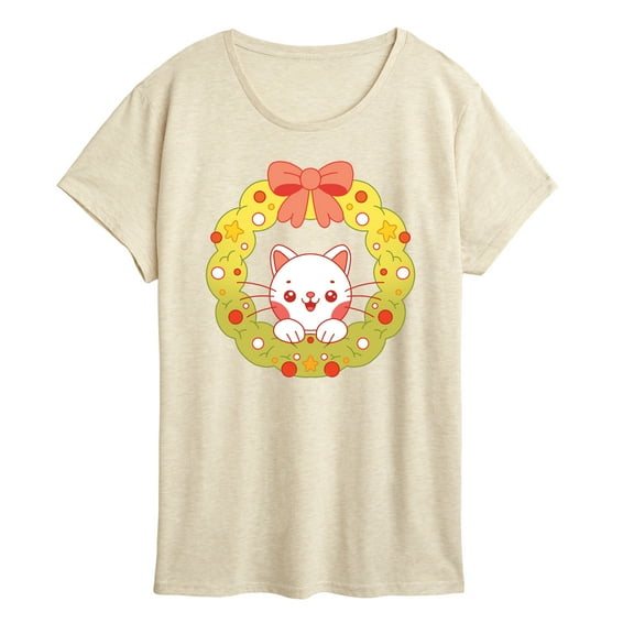Instant Message - Chibi Cat Christmas Wreath - Women's Short Sleeve Graphic T-shirt
