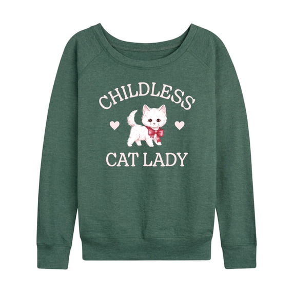 Instant Message - Childless Cat Lady Kitten Women's Lightweight French Terry Wide Neck Long Sleeve Graphic Shirt