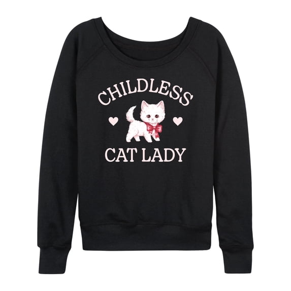Instant Message - Childless Cat Lady Kitten Women's Lightweight French Terry Wide Neck Long Sleeve Graphic Shirt