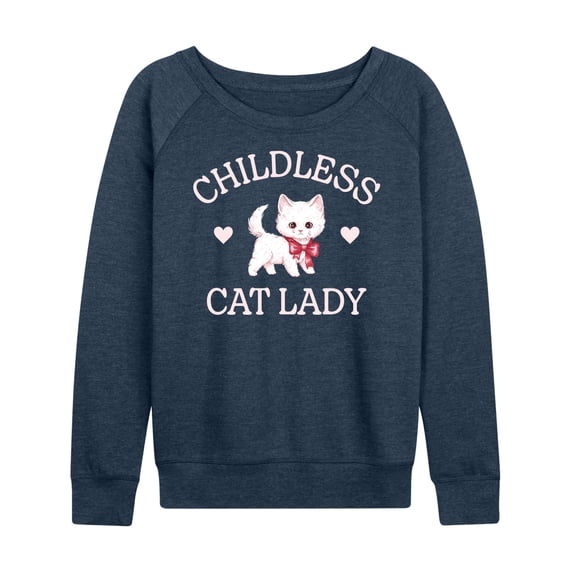Instant Message - Childless Cat Lady Kitten Women's Lightweight French Terry Wide Neck Long Sleeve Graphic Shirt