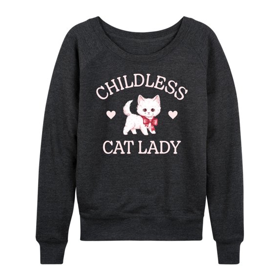 Instant Message - Childless Cat Lady Kitten Women's Lightweight French Terry Wide Neck Long Sleeve Graphic Shirt
