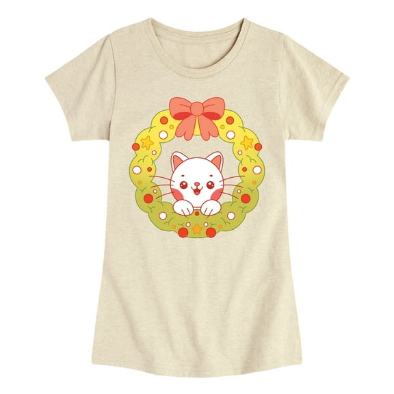 Instant Message - Christmas Chibi Cat Wreath - Toddler And Youth Girls Fitted Short Sleeve Graphic T-Shirt