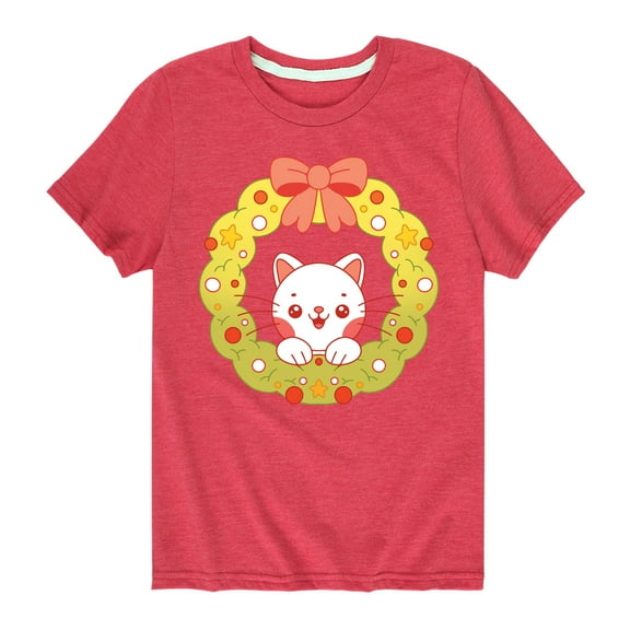 Instant Message - Christmas Chibi Cat Wreath - Toddler And Youth Short Sleeve Graphic T-Shirt