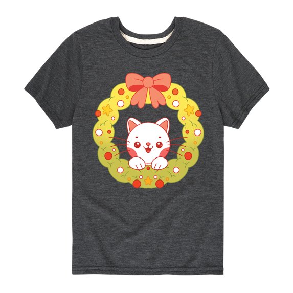Instant Message - Christmas Chibi Cat Wreath Short Sleeve Graphic T-Shirt