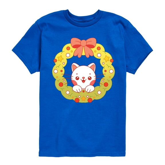 Instant Message - Christmas Chibi Cat Wreath - Toddler And Youth Short Sleeve Graphic T-Shirt