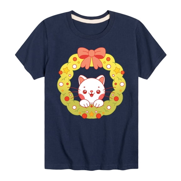 Instant Message - Christmas Chibi Cat Wreath - Toddler And Youth Short Sleeve Graphic T-Shirt