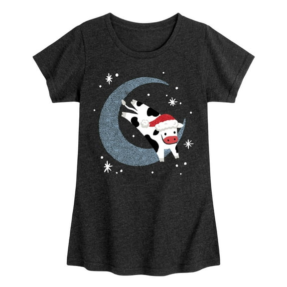 Instant Message - Christmas Santa Cow Jumping Over Moon - Toddler & Youth Girls Short Sleeve Graphic T-Shirt