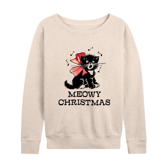 Instant Message - Christmas - Vintage Meowy Christmas Kitty - Women's Lightweight French Terry Long Sleeve Shirt