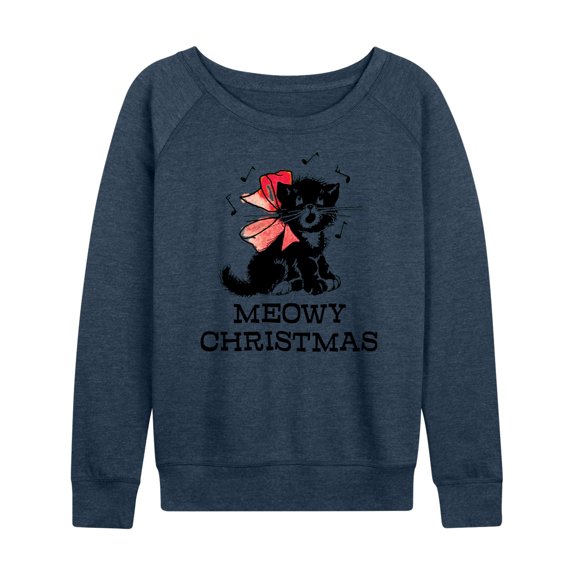 Instant Message - Christmas - Vintage Meowy Christmas Kitty - Women's Lightweight French Terry Long Sleeve Shirt