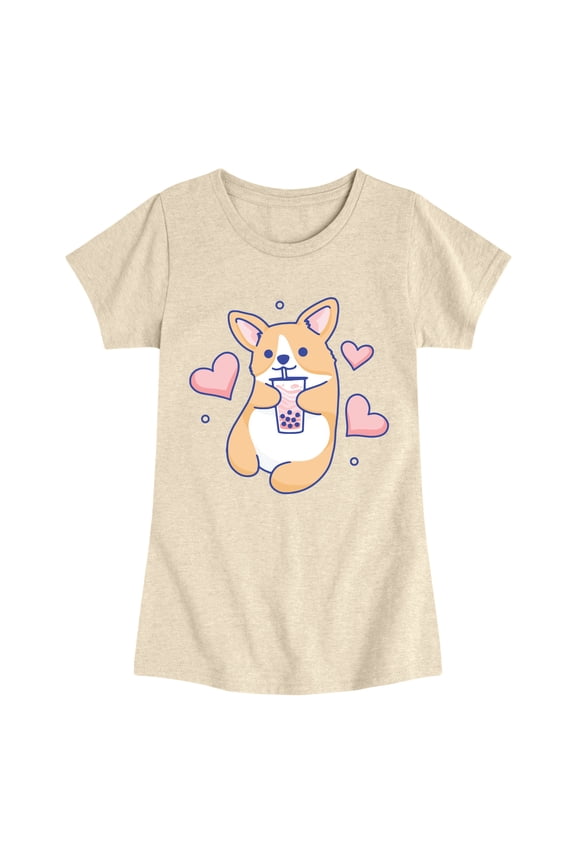 - Corgi With Boba Fitted Short Sleeve Graphic T-Shirt
