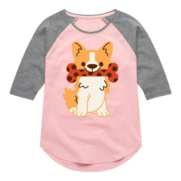 Instant Message - Corgi With Bone - Toddler And Youth Girls Raglan Graphic T-Shirt