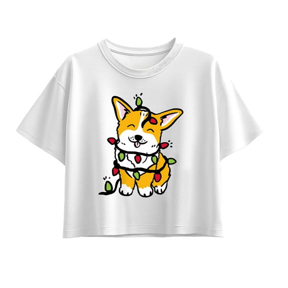 Instant Message - Corgi Wrapped In Christmas Lights - Youth Girl Short Sleeve Boxy Tee