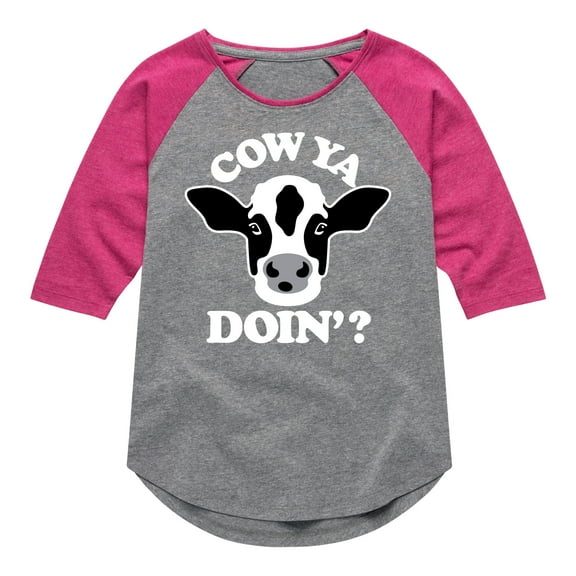 Instant Message - Cow Ya Doin - Toddler & Youth Girls Raglan Graphic T-Shirt