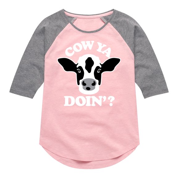 Instant Message - Cow Ya Doin - Toddler & Youth Girls Raglan Graphic T-Shirt
