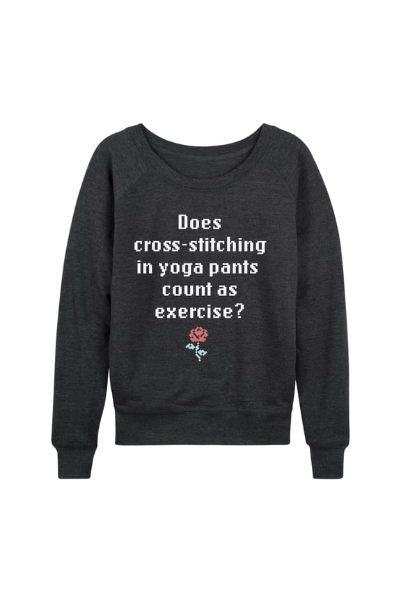 - Cross Stitching Yoga Pants Lightweight French Terry Wide Neck Long Sleeve Graphic Shirt