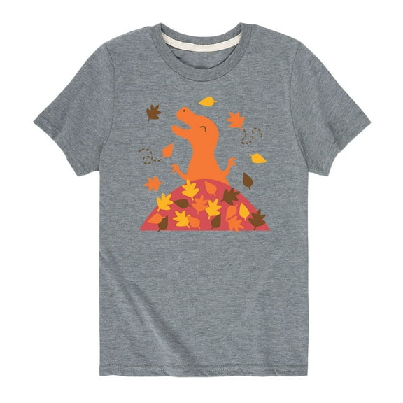 Instant Message - Dinosaur In Leaf Pile - Youth Short Sleeve Tee