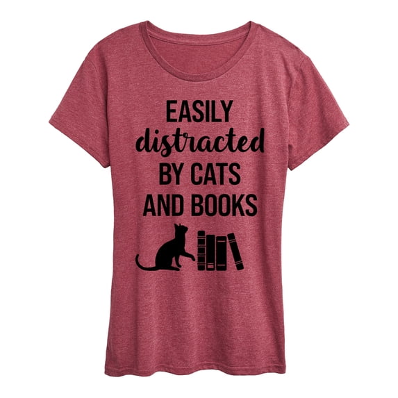 Instant Message - Distracted by Cats and Books - Women's Short Sleeve Graphic T-Shirt