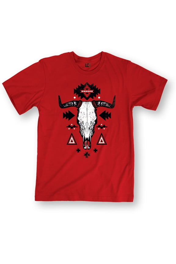 - Distressed Aztec Cattle Skull Pattern Native Design Cow Print Fashion Mens Shirt