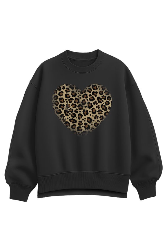 - Distressed Leopard Print Heart - Women's Oversized Fleece Crew Sweatshirt