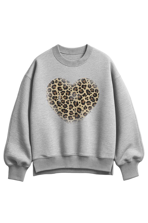 - Distressed Leopard Print Heart Oversized Fleece Crew Sweatshirt