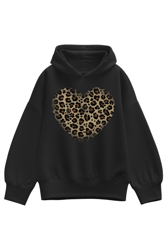 - Distressed Leopard Print Heart Oversized Fleece Hoodie Sweatshirt