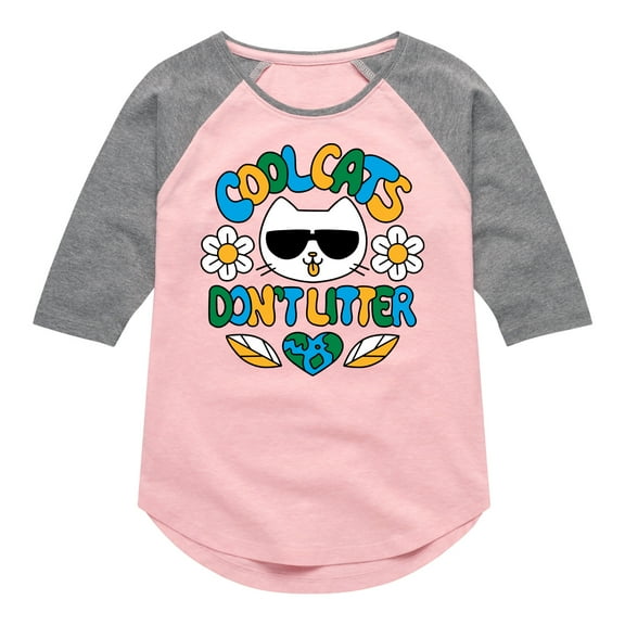 Instant Message - Earth Day - Cool Cats Don't Litter - Toddler & Youth Girls Raglan Graphic T-Shirt