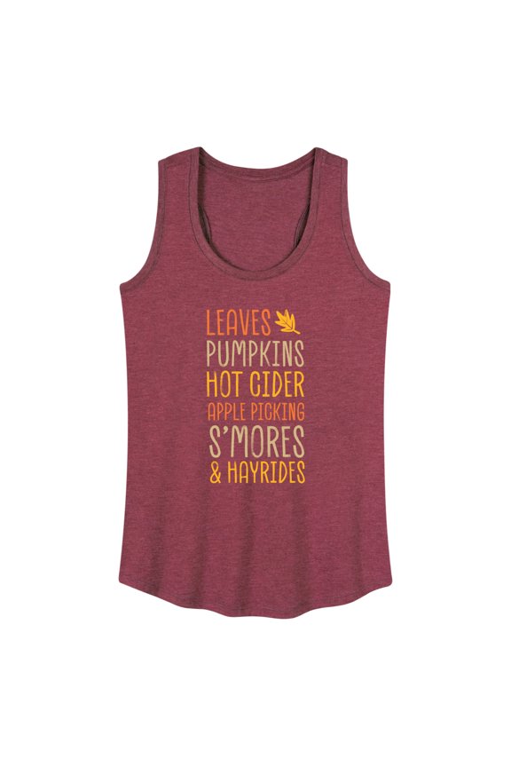 - Fall Bucket List Leaves, Pumpkins, Hot Cider - Women's Racerback Tank Top
