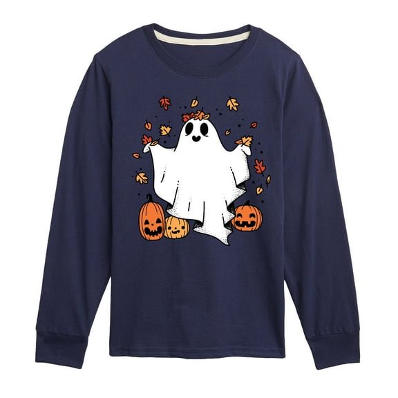 Instant Message - Fall - Ghost Play In Leaves Too - Toddler & Youth Long Sleeve Graphic T-Shirt