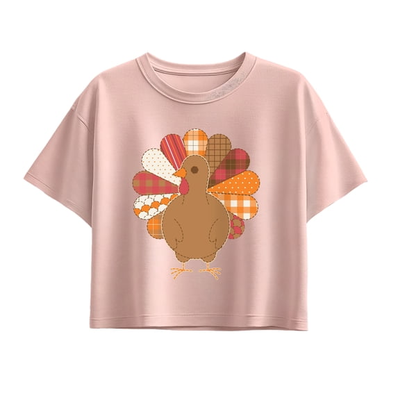Instant Message - Fall Turkey Patterns Girls' Short Sleeve Boxy Graphic T-Shirt