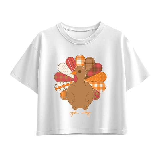 Instant Message - Fall Turkey Patterns Girls' Short Sleeve Boxy Graphic T-Shirt