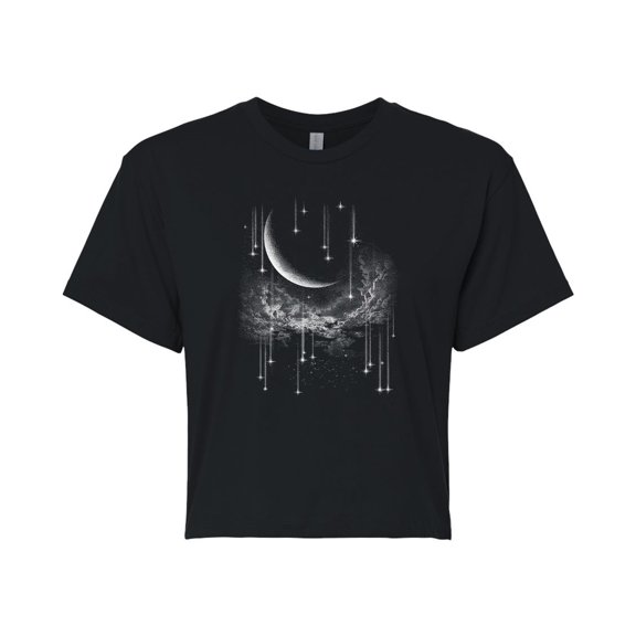 Instant Message - Celestial Falling Stars and Moon Cropped Graphic T-Shirt