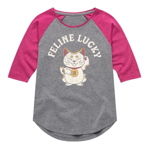 Instant Message - Feline Lucky - Toddler & Youth Girls Raglan Graphic T-Shirt
